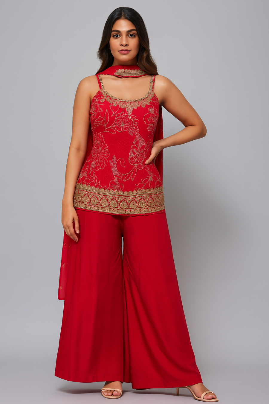 Noodle Strap Sharara Suit red profile