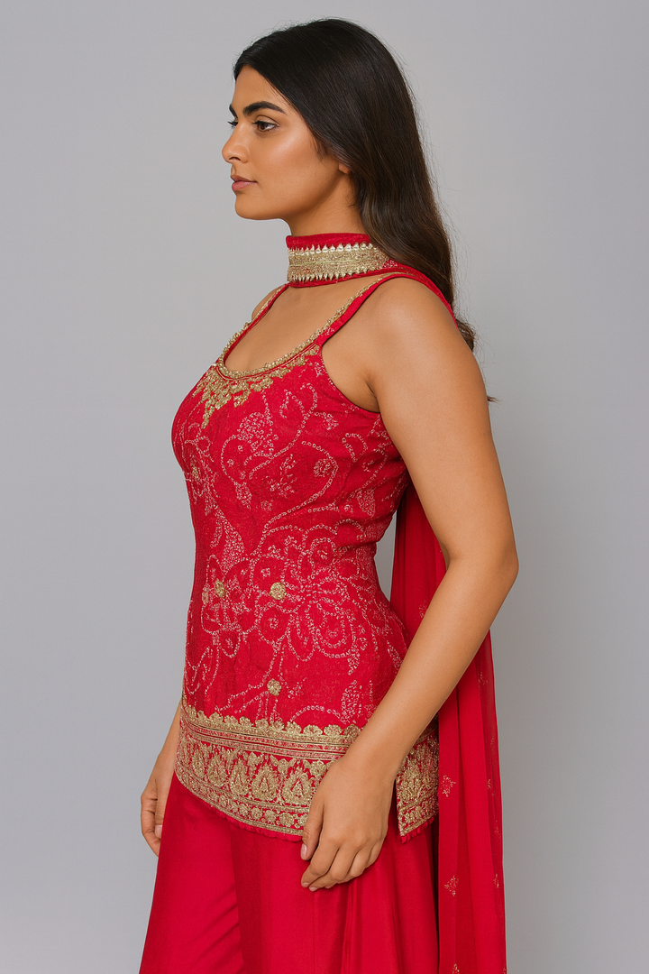 Noodle Strap Sharara Suit red side profile