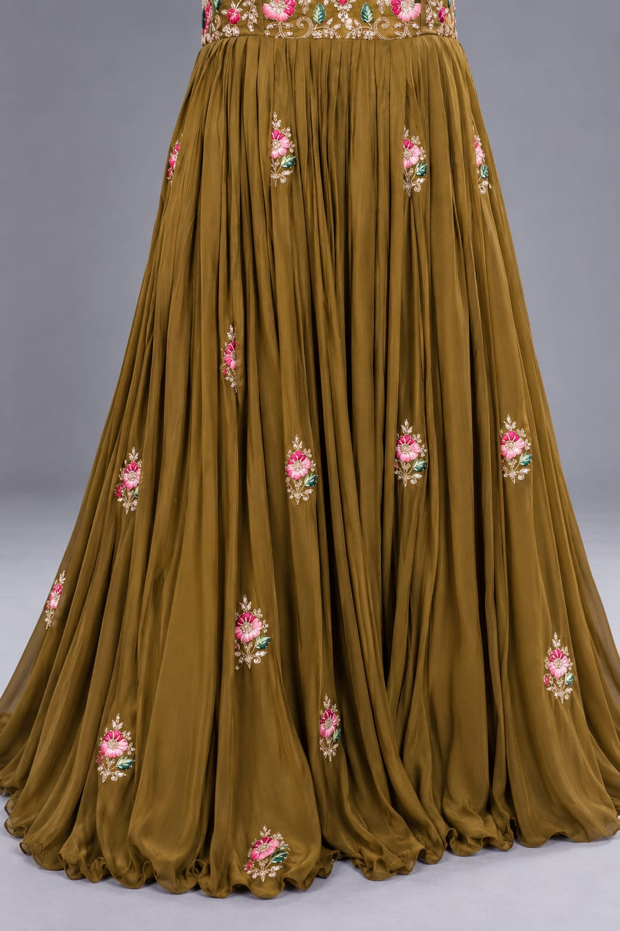 Olive Green Embroidered Anarkali Gown with Floral & Peacock Work