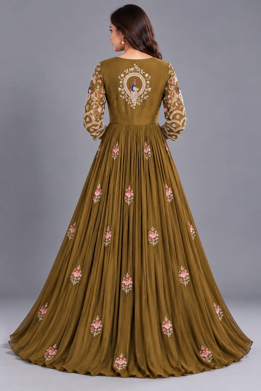 Olive Green Embroidered Anarkali Gown with Floral & Peacock Work