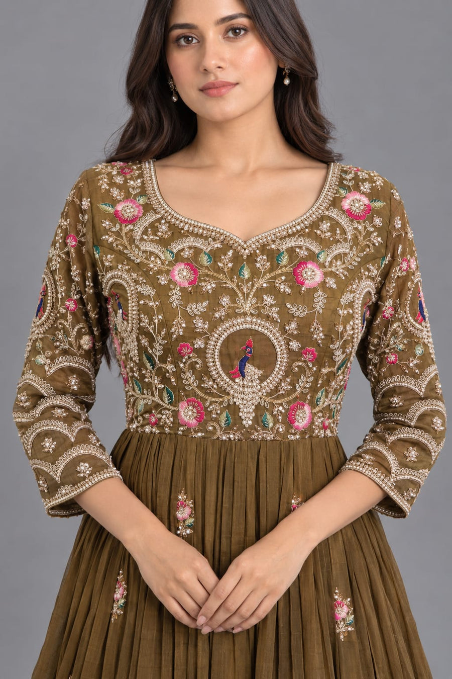 Olive Green Embroidered Anarkali Gown with Floral & Peacock Work