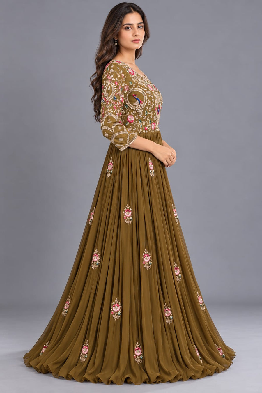 Olive Green Embroidered Anarkali Gown with Floral & Peacock Work
