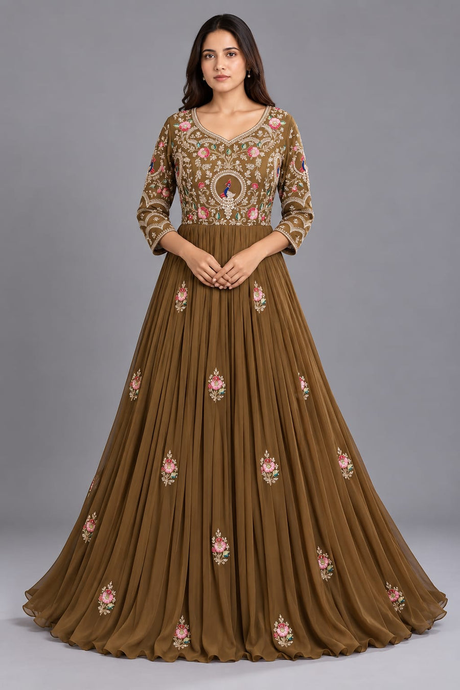 Olive Green Embroidered Anarkali Gown with Floral & Peacock Work