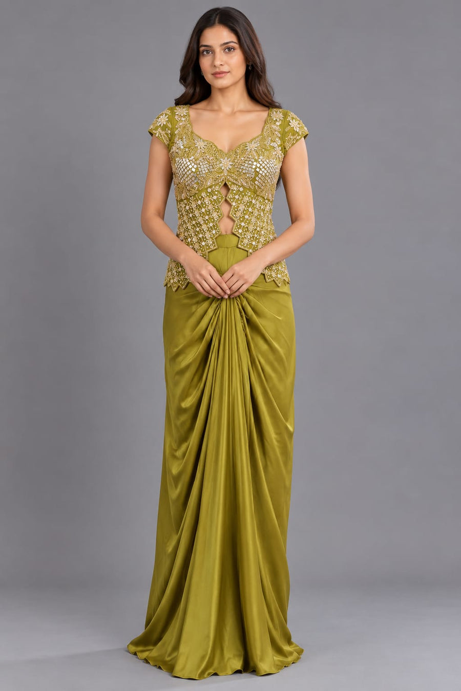 Olive Green Embroidered Dhoti Set with Mirror Work and Cap Sleeves