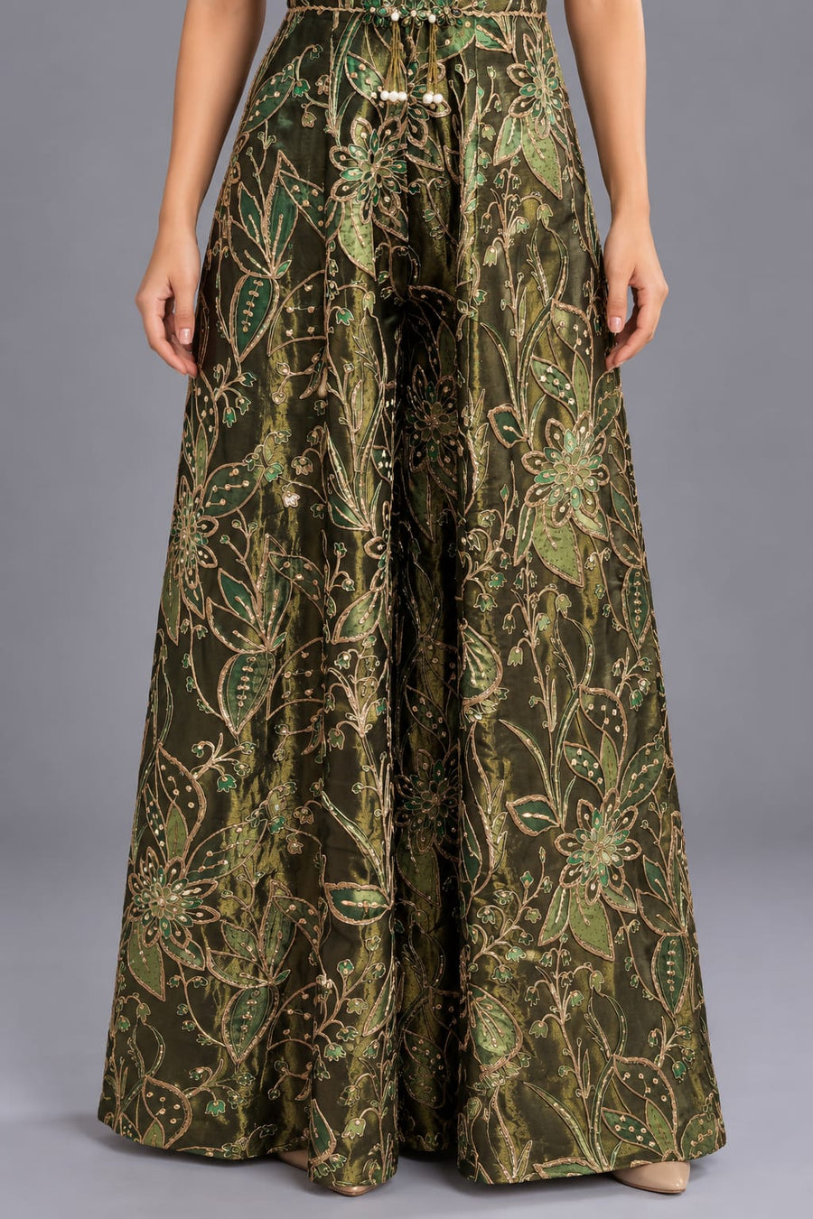 Olive Green Floral Embroidered Corset Palazzo Jumpsuit for Women