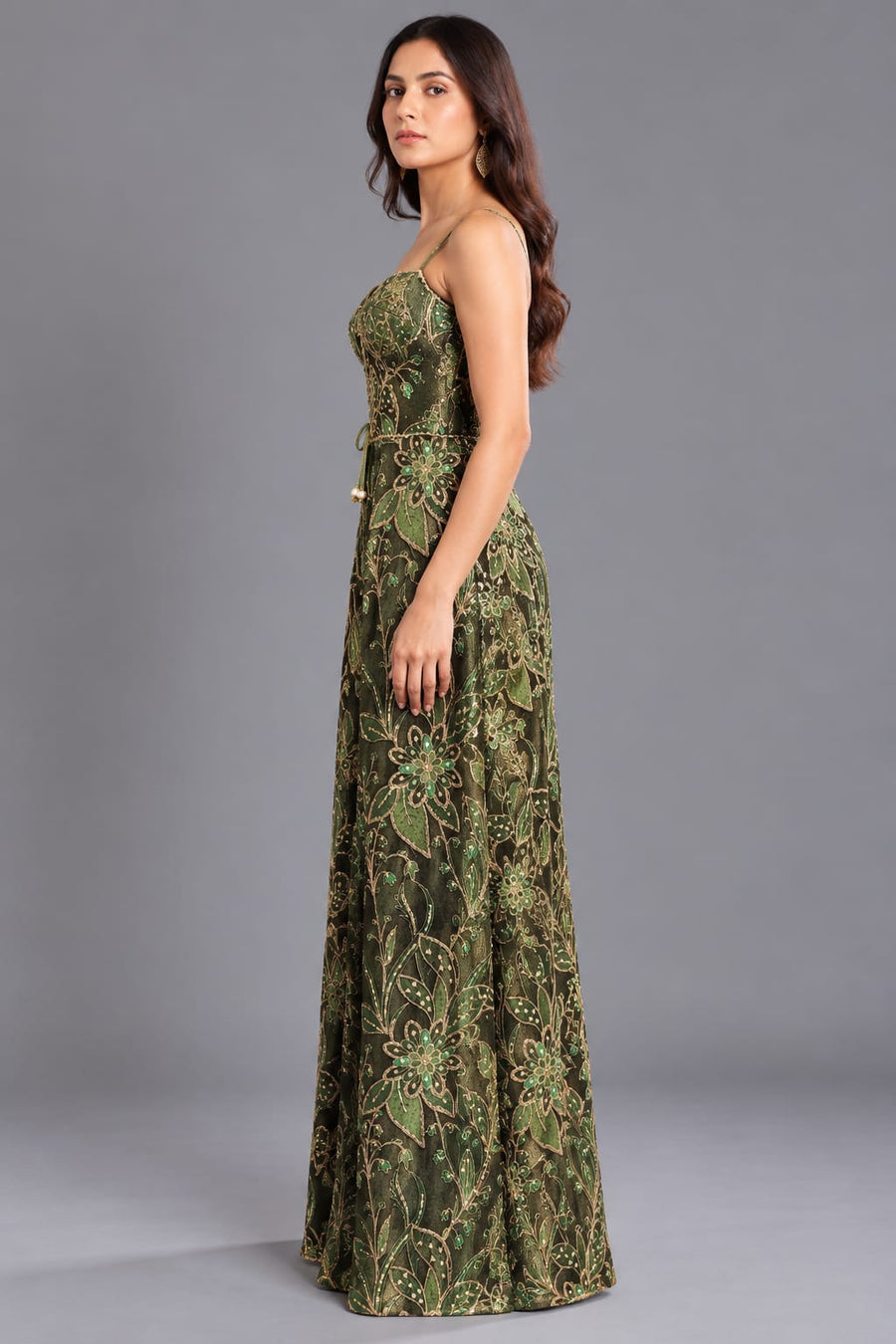 Olive Green Floral Embroidered Corset Palazzo Jumpsuit for Women