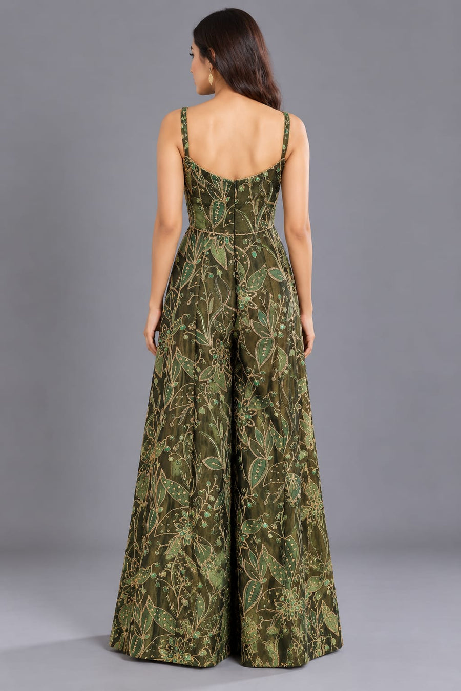 Olive Green Floral Embroidered Corset Palazzo Jumpsuit for Women