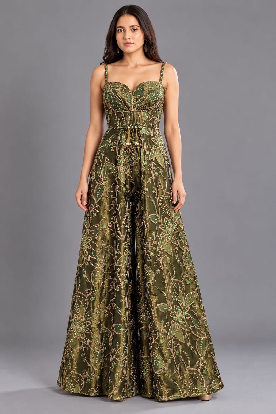 Olive Green Floral Embroidered Corset Palazzo Jumpsuit for Women