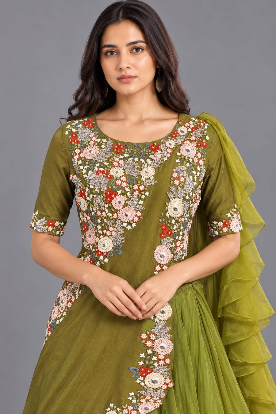 Olive Green Floral Embroidered Peplum Top with Flared Skirt Set