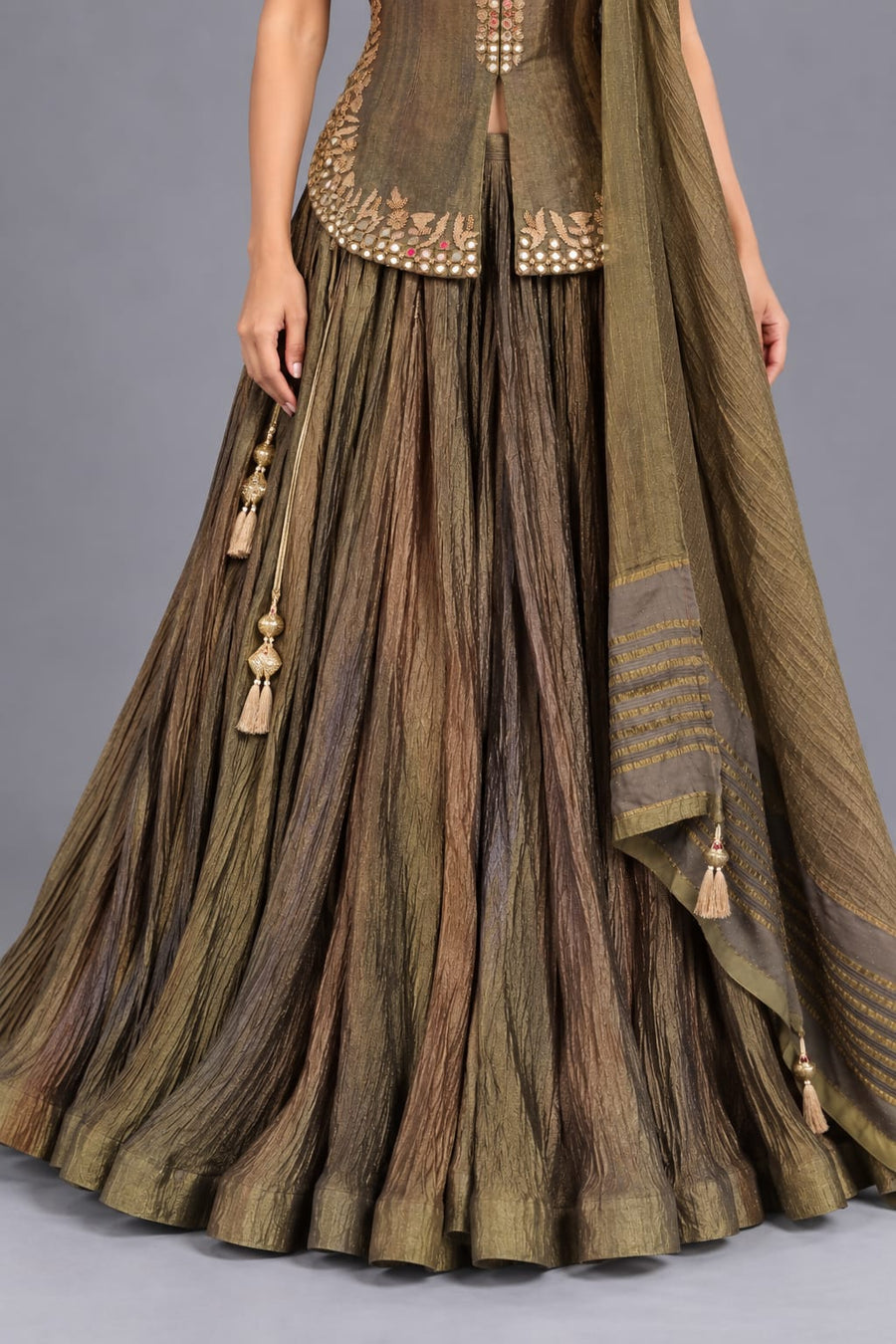 Olive Green Indo Western Lehenga Set with Peplum Top and Dupatta for Women