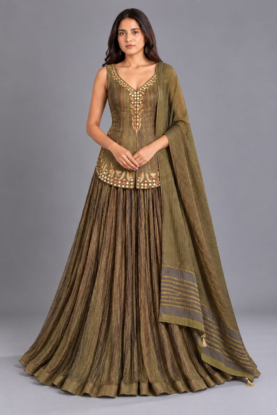 Olive Green Indo Western Lehenga Set with Peplum Top and Dupatta for Women