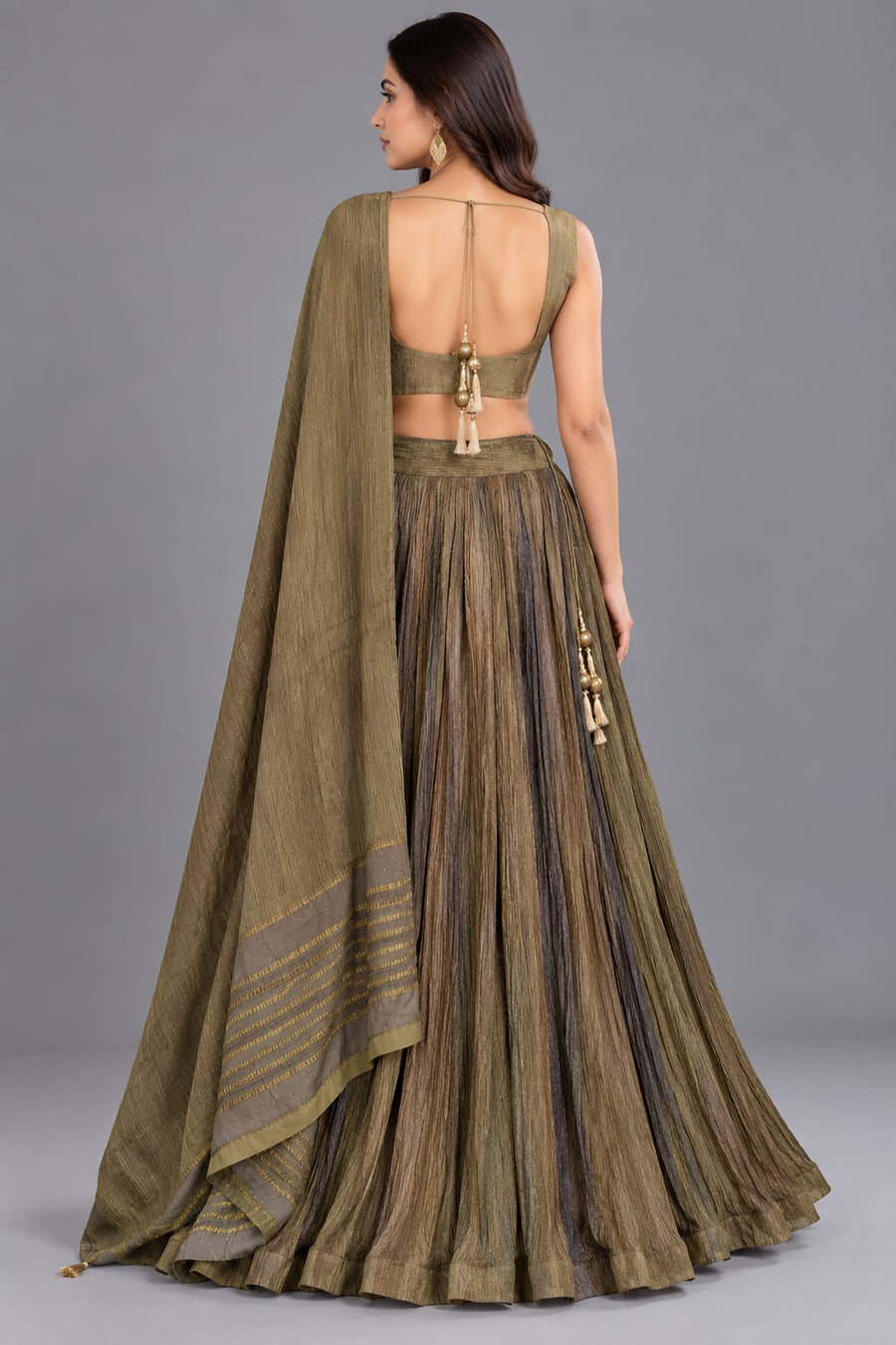 Olive Green Indo Western Lehenga Set with Peplum Top and Dupatta for Women