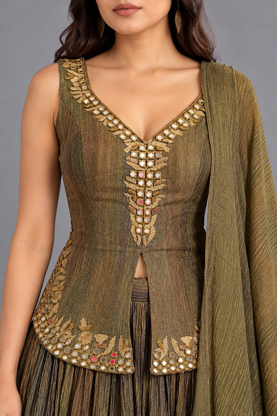 Olive Green Indo Western Lehenga Set with Peplum Top and Dupatta for Women