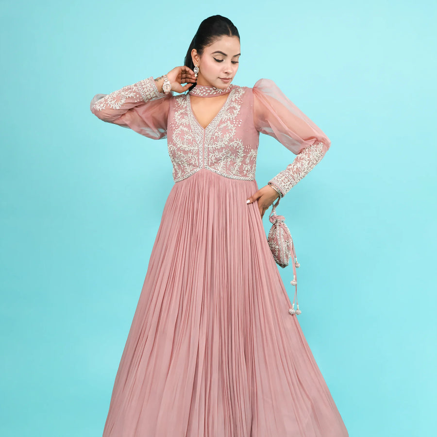 One-Piece Gown with Choker Dupatta & Hand Potli