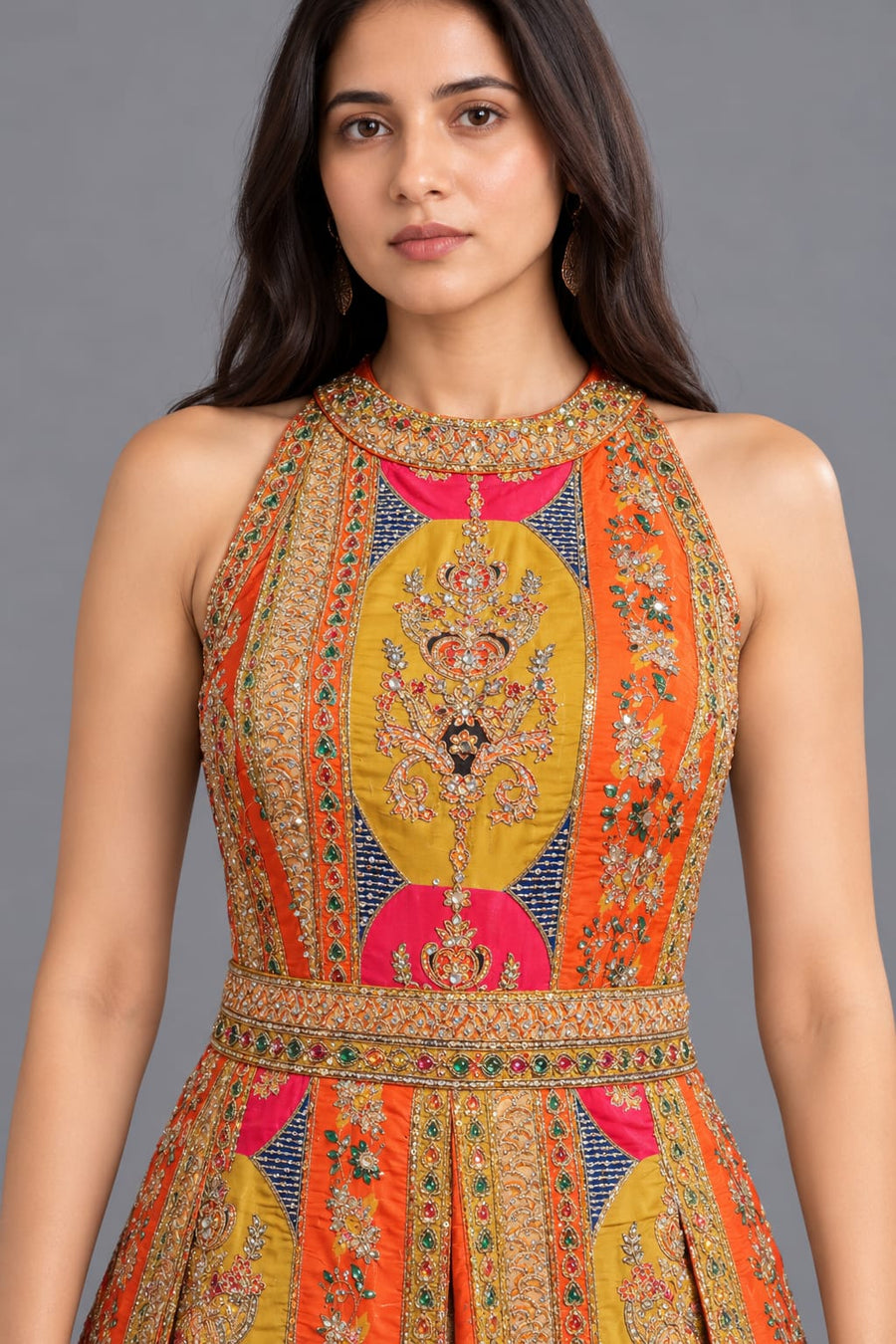 Orange Embroidered Halter Neck Jumpsuit for Women – Festive Wear