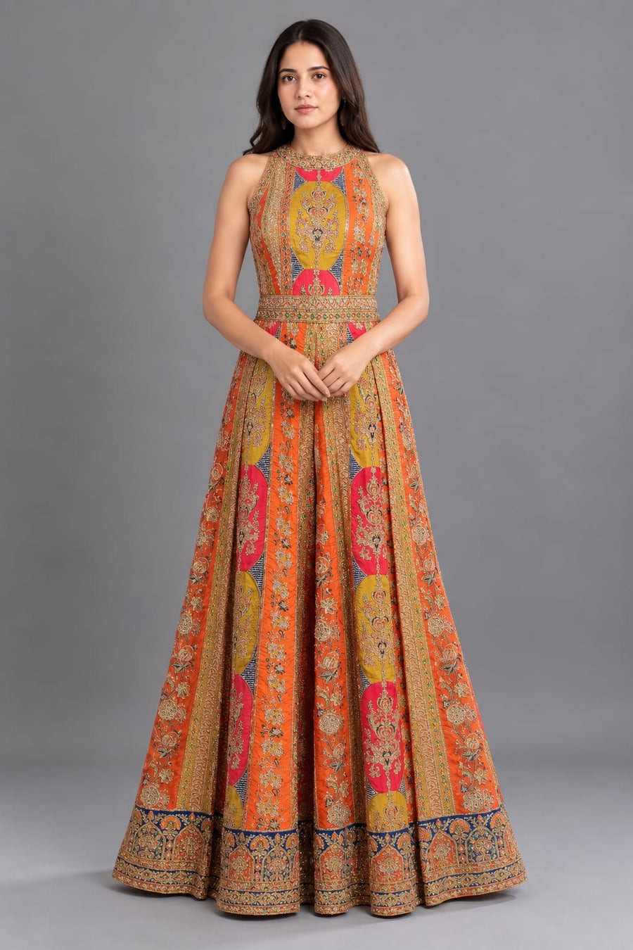 Orange Embroidered Halter Neck Jumpsuit for Women – Festive Wear