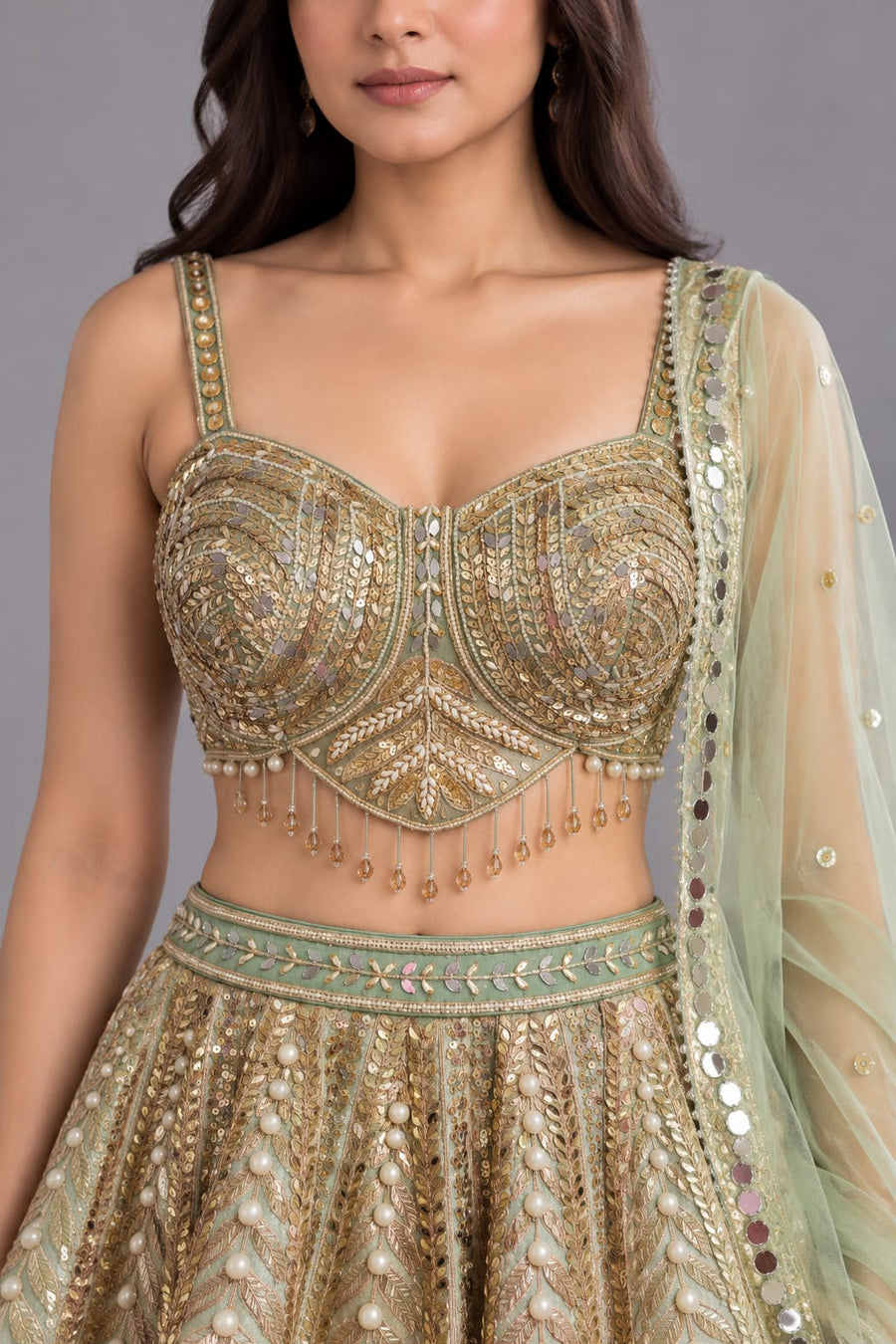 Pastel Green & Gold Mirror Work Lehenga with Pearl Detailing