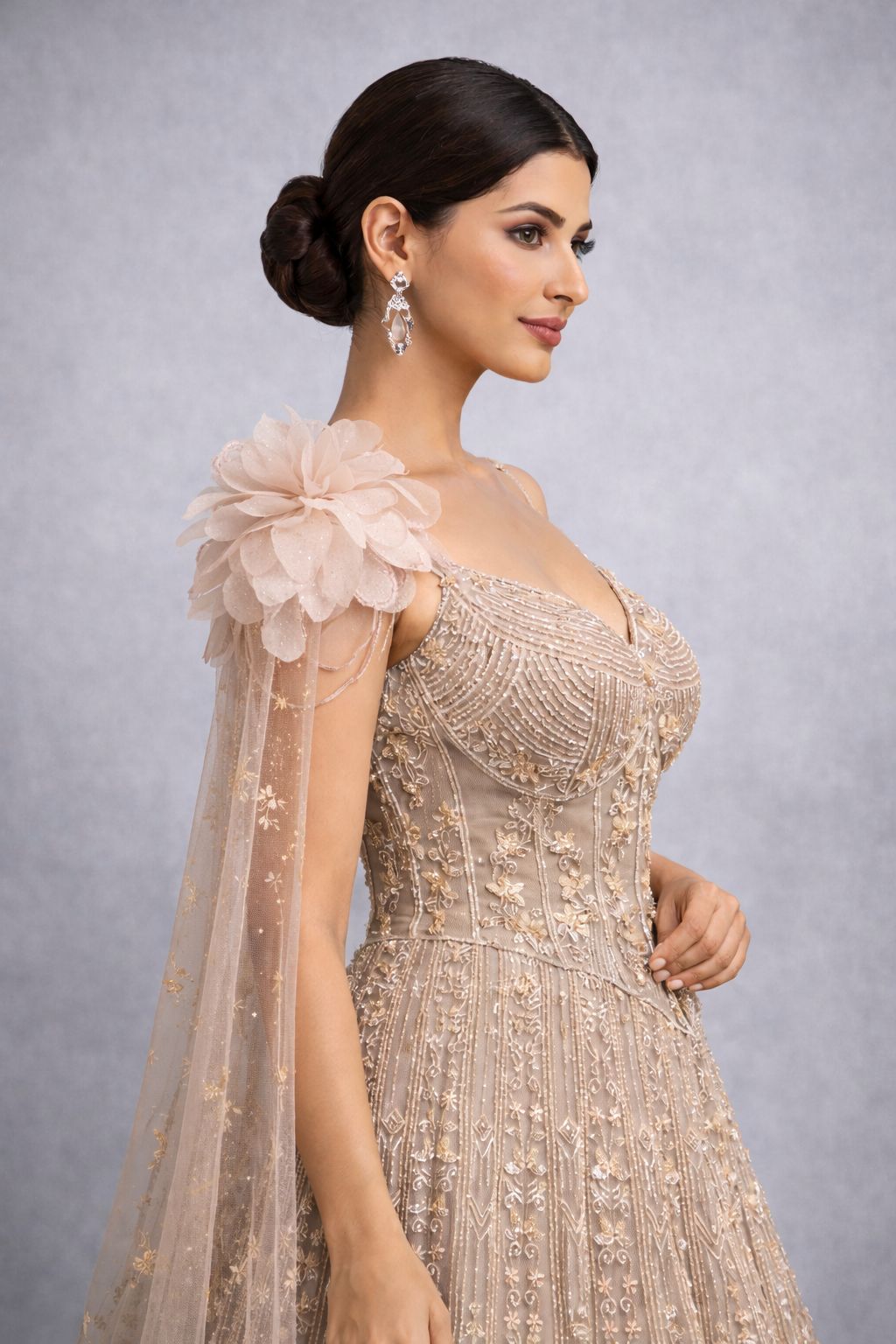 Champagne Embellished Bridal Gown with Floral Shoulder Details Peach / L
