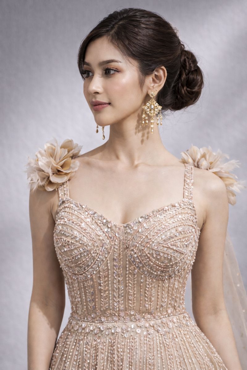 Champagne Embellished Princess Gown Peach Gold / S Champagne Embellished Princess Gown Peach Gold / S