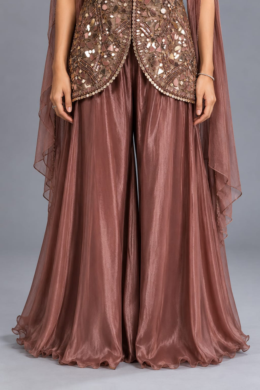 Brown Mirror Work Peplum Palazzo Set with Choker Dupatta for Women