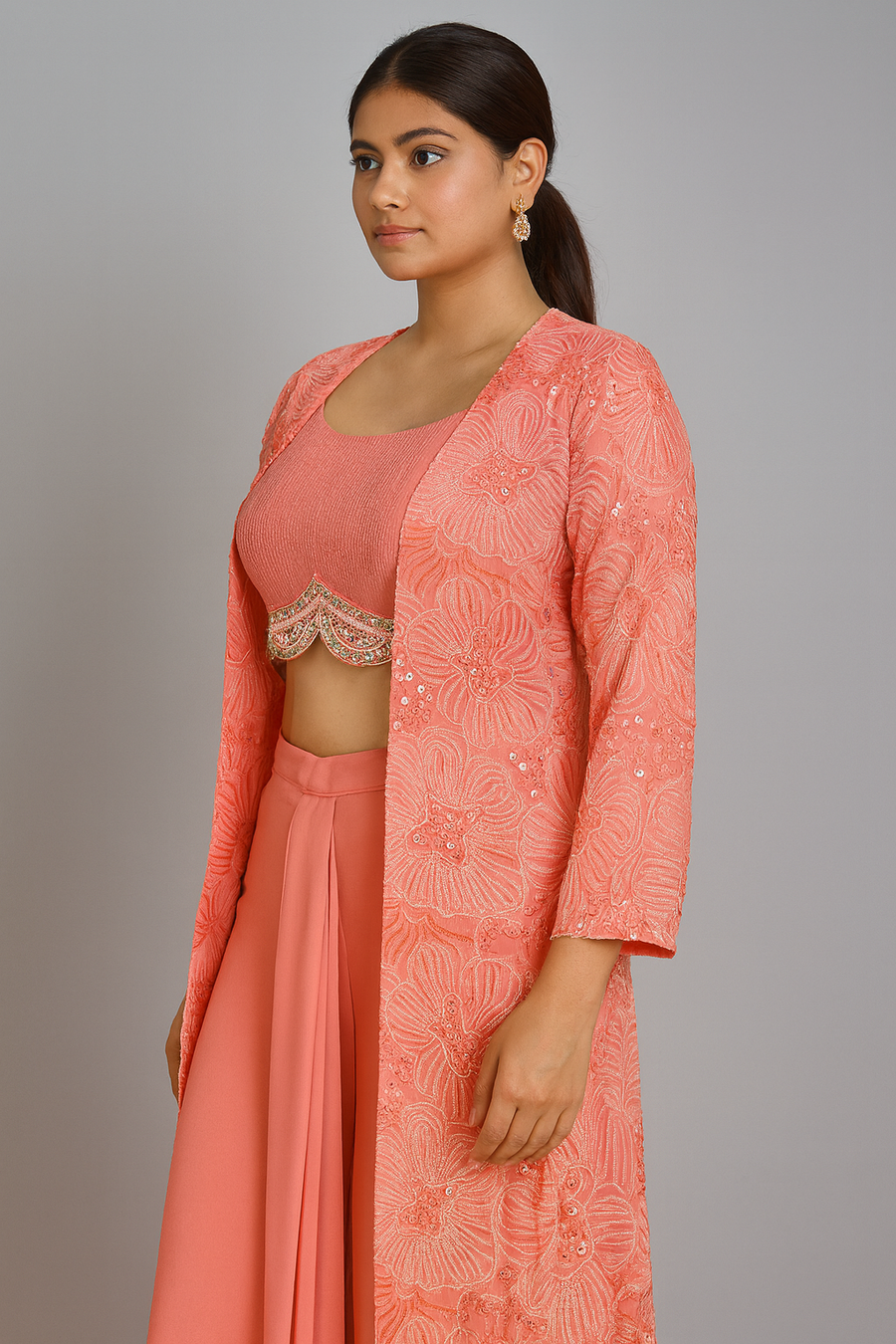 Pink Crop Top Dhoti with Jacket side profile
