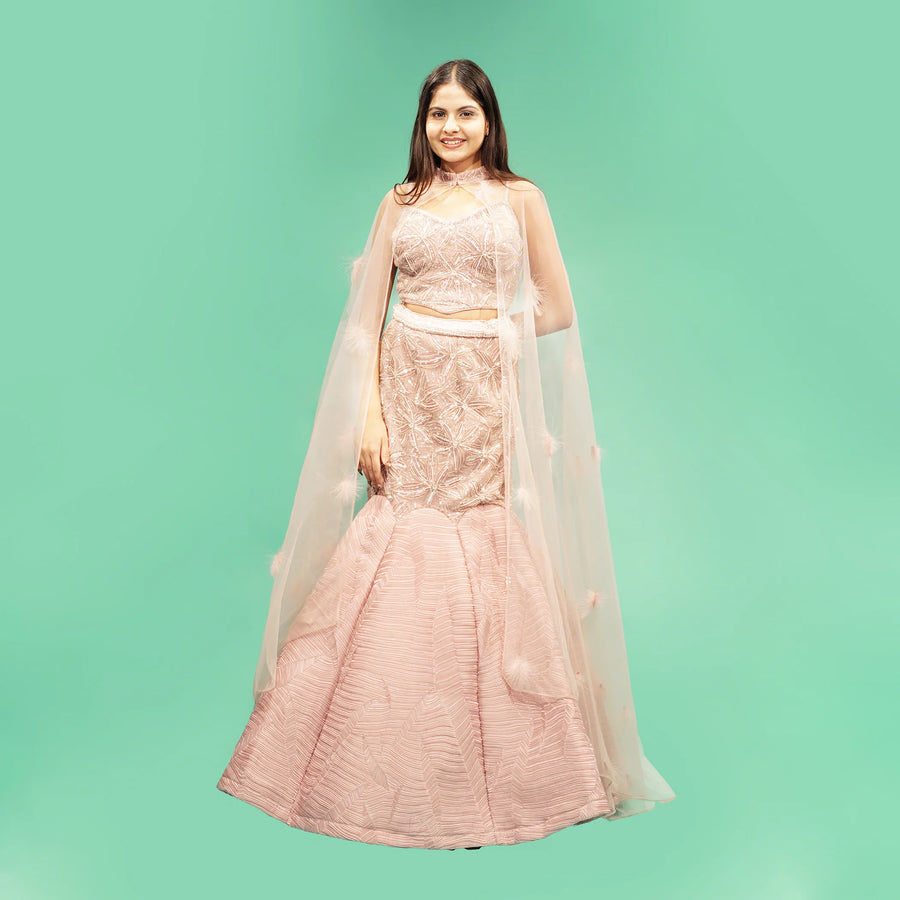 Pink Crop Top with Flowy Mermaid Skirt