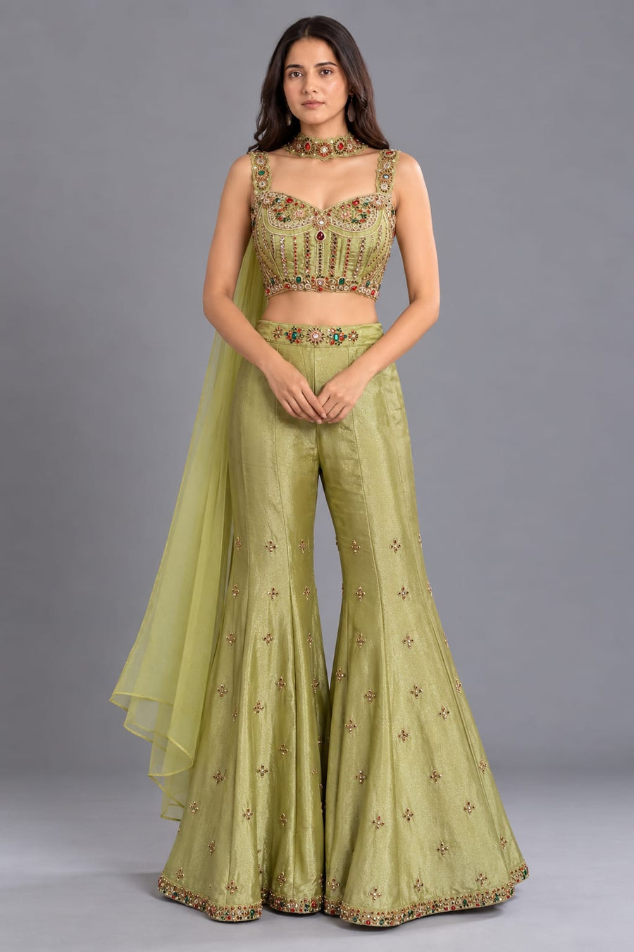 Pista Green Embroidered Corset with Flared Sharara and Choker