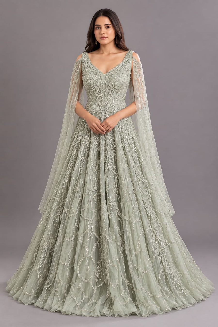 Pista Green Embroidered Flared Gown with V-Neck and Cape Sleeves