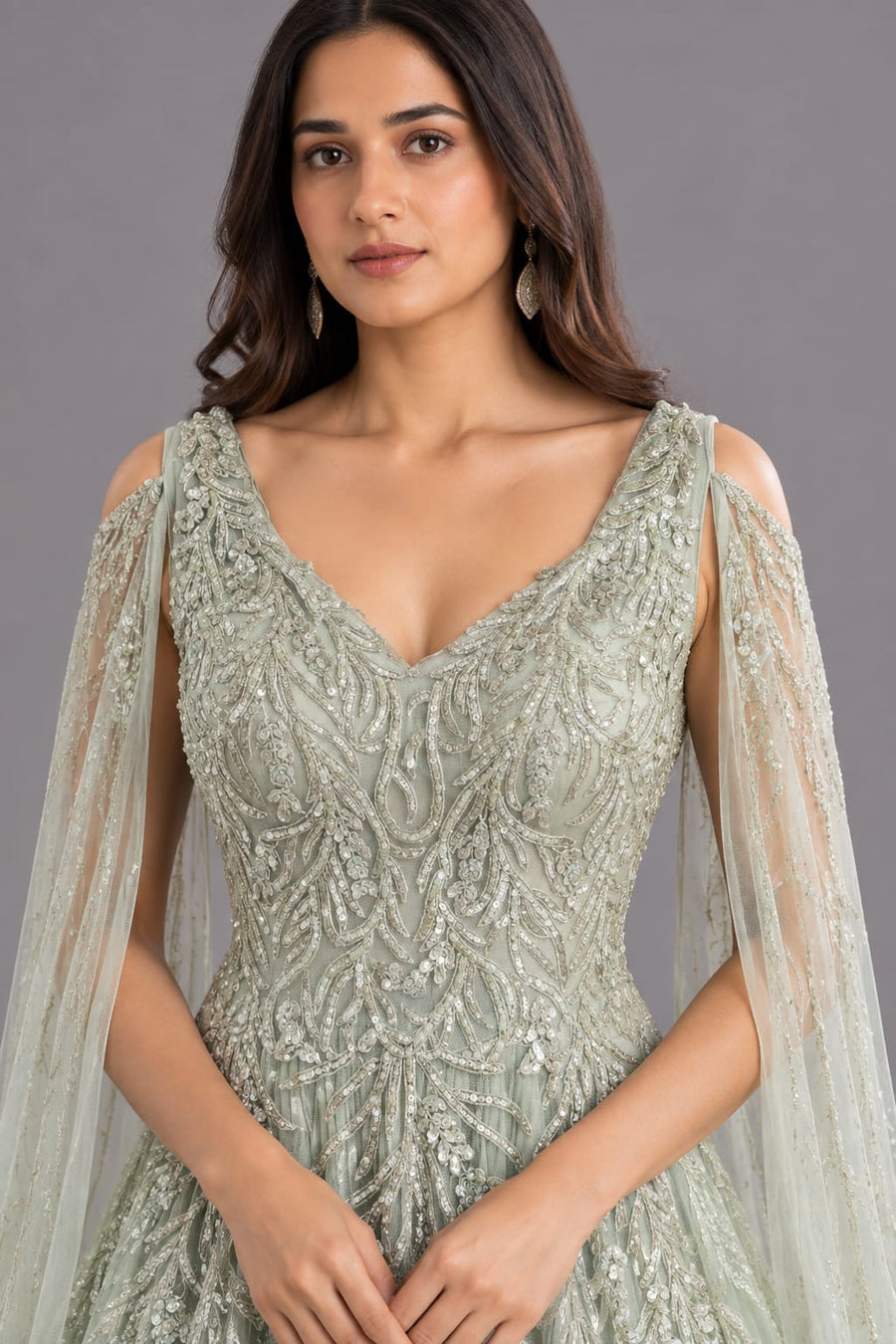 Pista Green Embroidered Flared Gown with V-Neck and Cape Sleeves