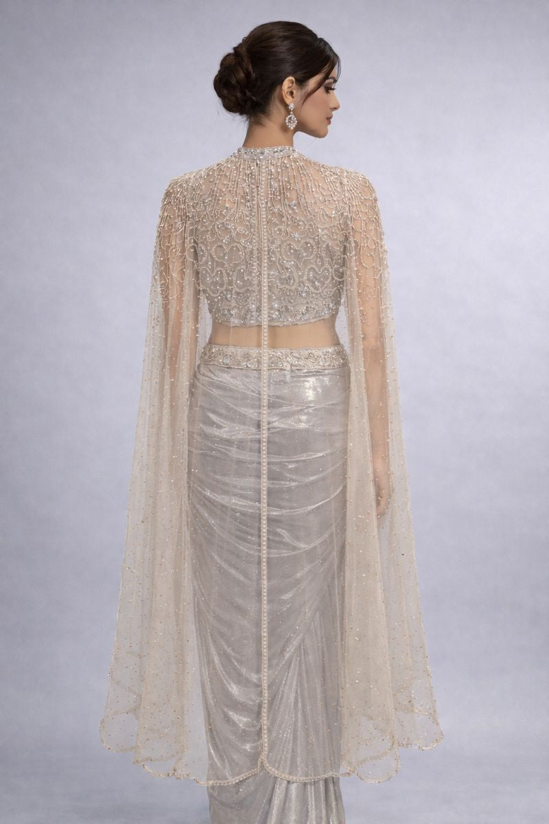 Pre  Drape Saree  Indo Western  Style With Long Shrug