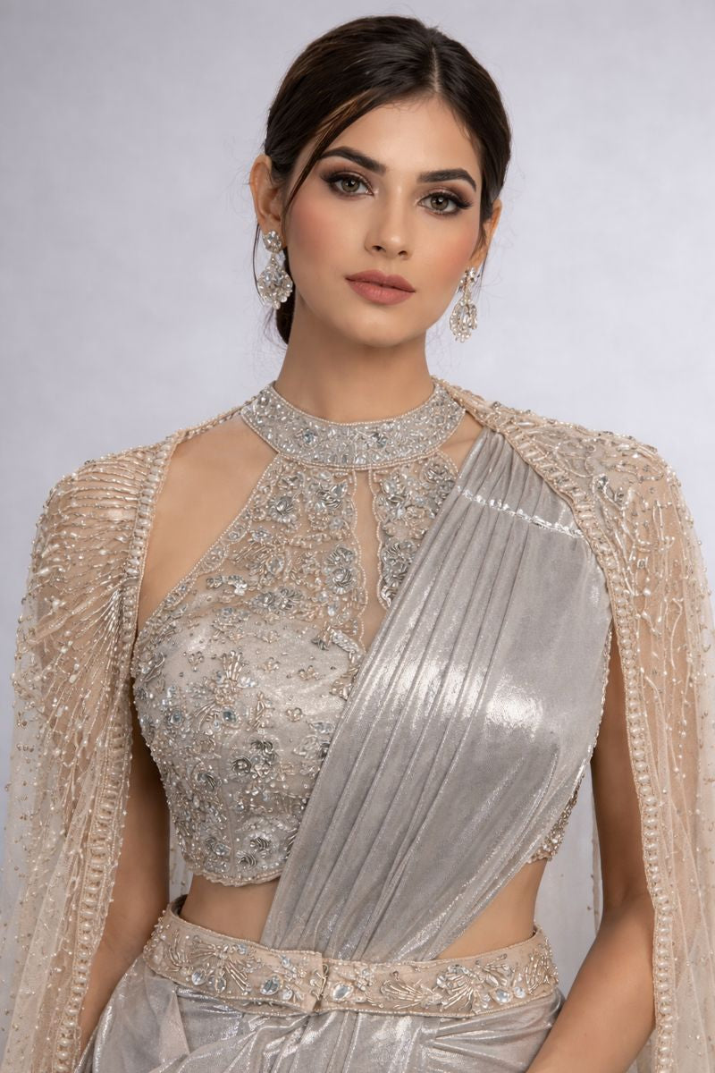 Pre  Drape Saree  Indo Western  Style With Long Shrug