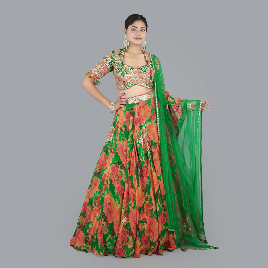 Printed Crop Top Lehenga Set Vastrachowk