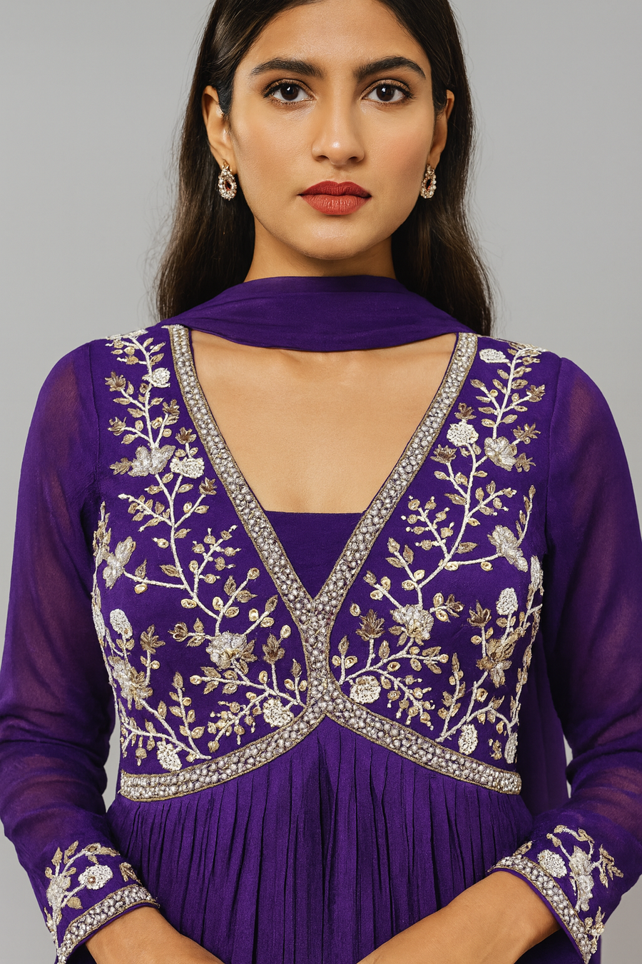 Purple Alia Cut Anarkali with Dupatta front close profile 