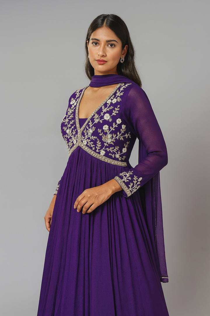Purple Alia Cut Anarkali with Dupatta front side profile 