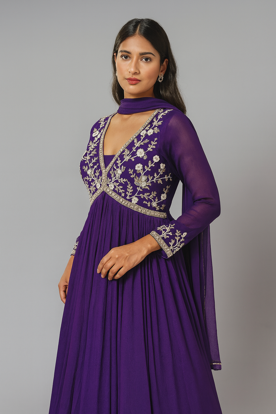 Purple Alia Cut Anarkali with Dupatta front side profile 