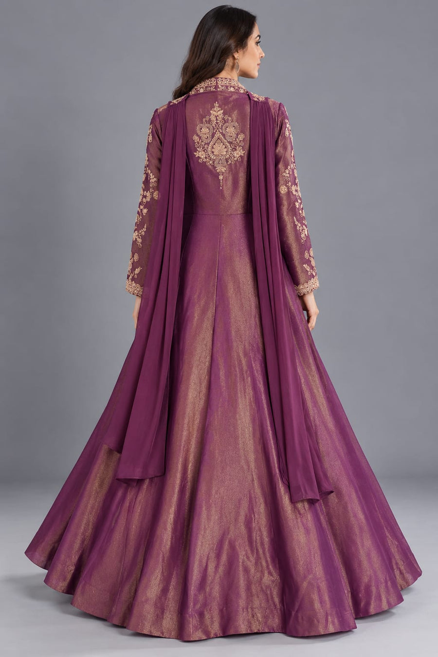 Purple Embroidered Indo Western Gown with Choker Dupatta for Women
