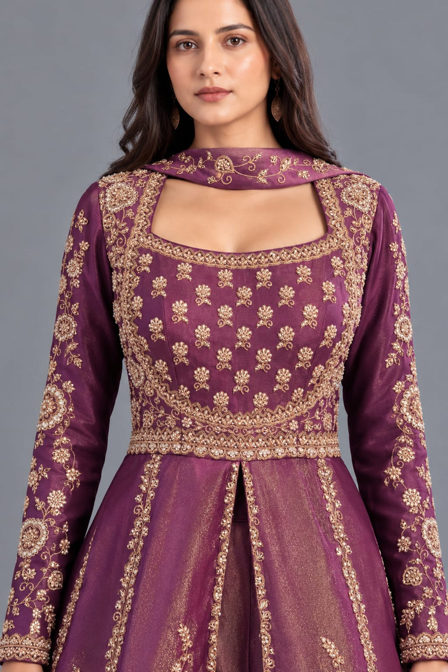 Purple Embroidered Indo Western Gown with Choker Dupatta for Women
