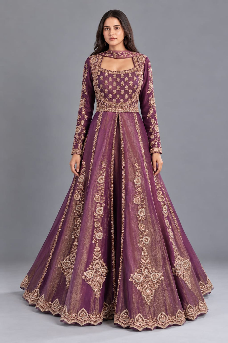Purple Embroidered Indo Western Gown with Choker Dupatta for Women