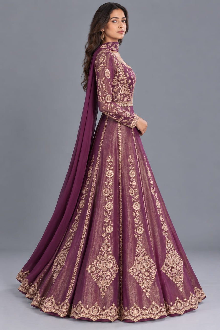Purple Embroidered Indo Western Gown with Choker Dupatta for Women