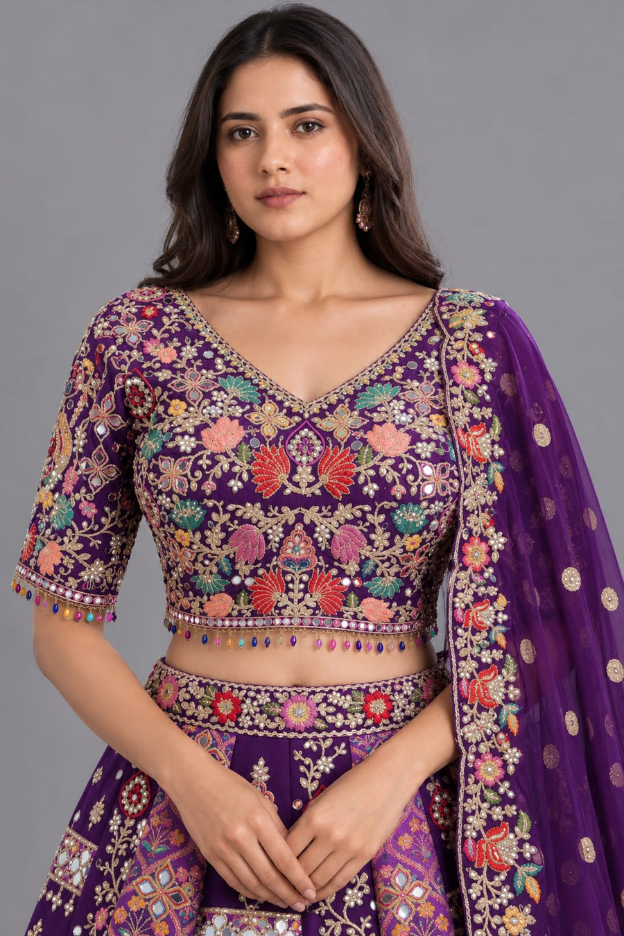 Purple Embroidered Lehenga with Floral Work and Matching Dupatta