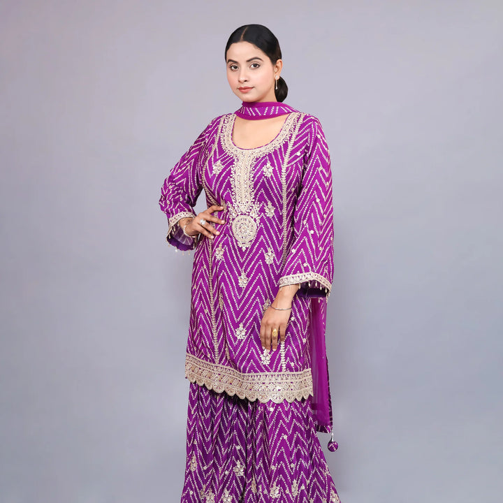 Purple Straight Shirt with Sharara & Net Dupatta Vastrachowk