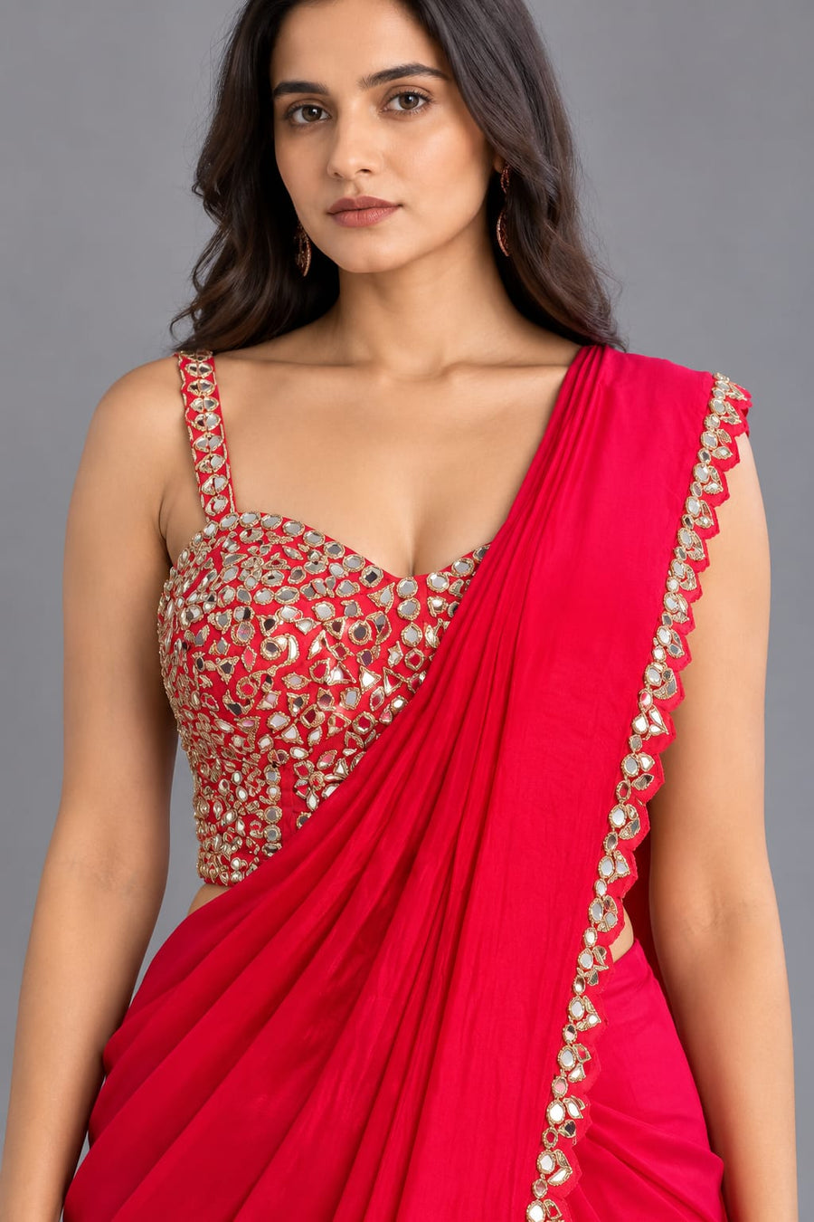 Rani Pink Drape Saree with Mirror Work Blouse for Wedding Party Wear