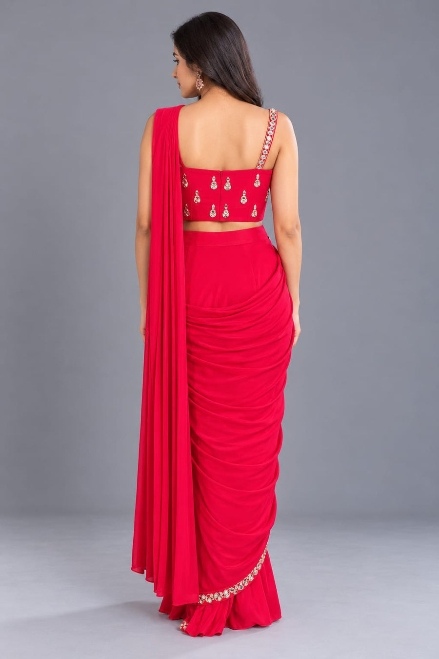 Rani Pink Drape Saree with Mirror Work Blouse for Wedding Party Wear