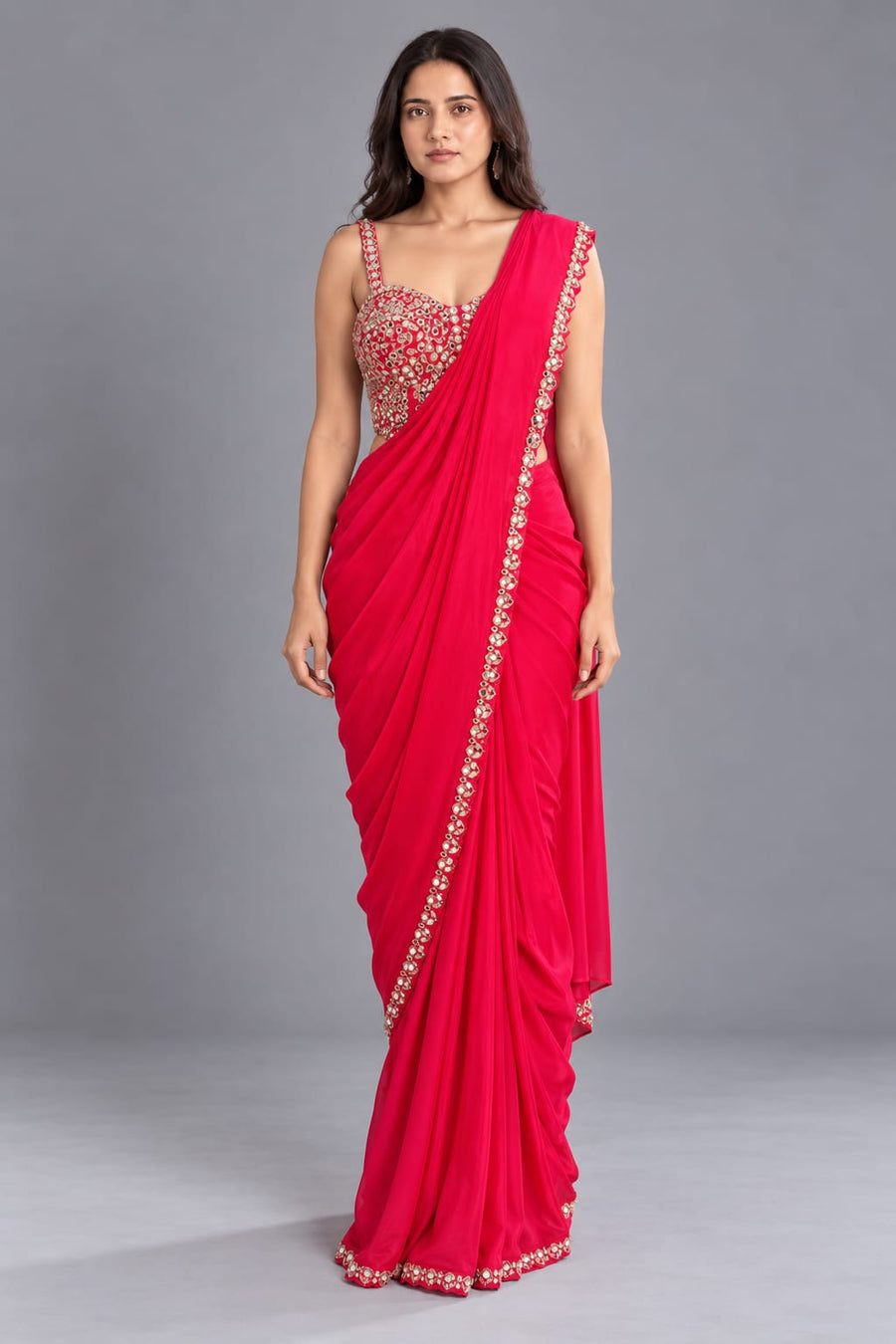 Rani Pink Drape Saree with Mirror Work Blouse for Wedding Party Wear