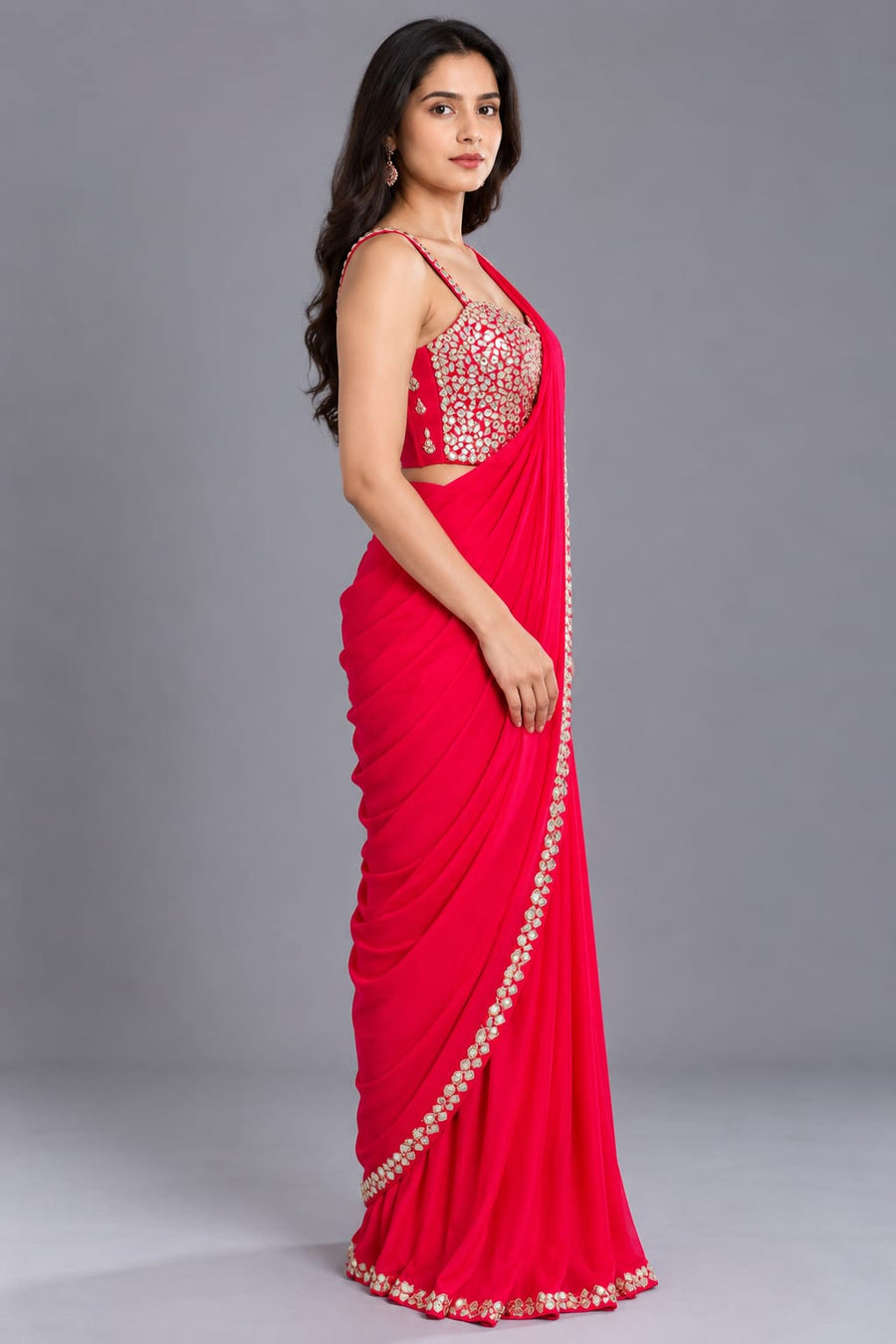 Rani Pink Drape Saree with Mirror Work Blouse for Wedding Party Wear