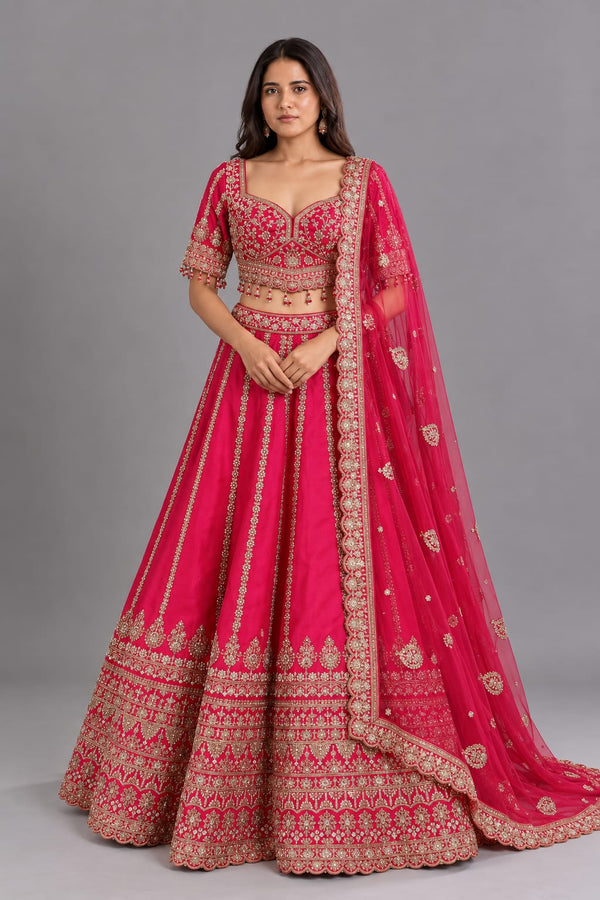 Rani Pink Embroidered Lehenga with Heavy Work & Net Dupatta