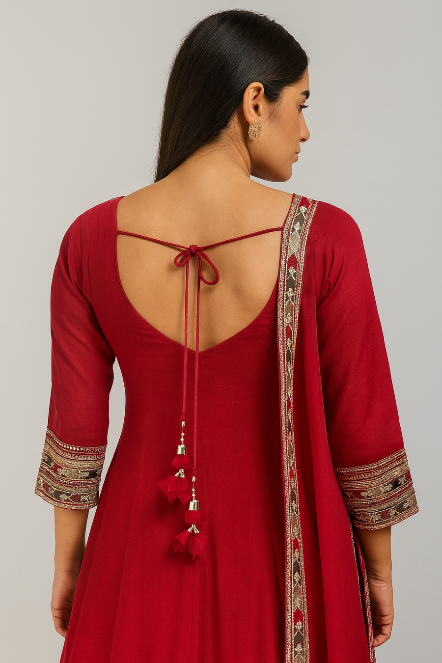 Red Anarkali Suit with Dupatta back profile 