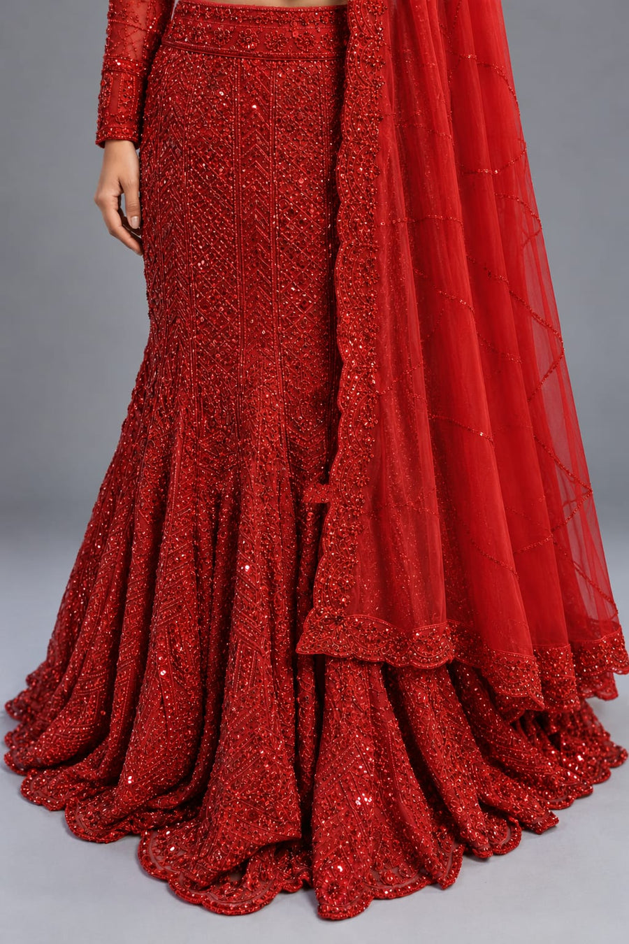 Red Designer Fishcut Lehenga with Sequin Work and Net Dupatta