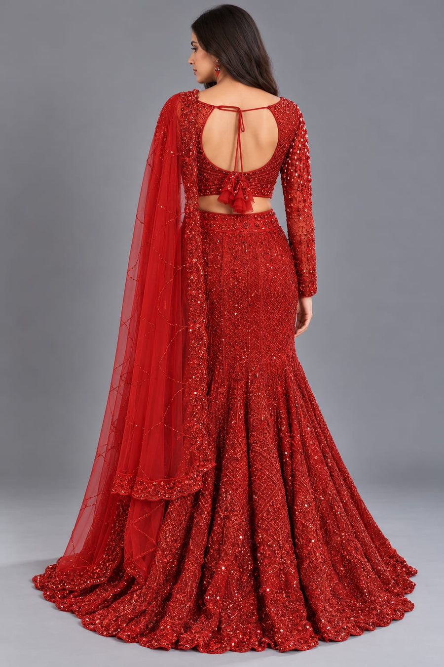 Red Designer Fishcut Lehenga with Sequin Work and Net Dupatta