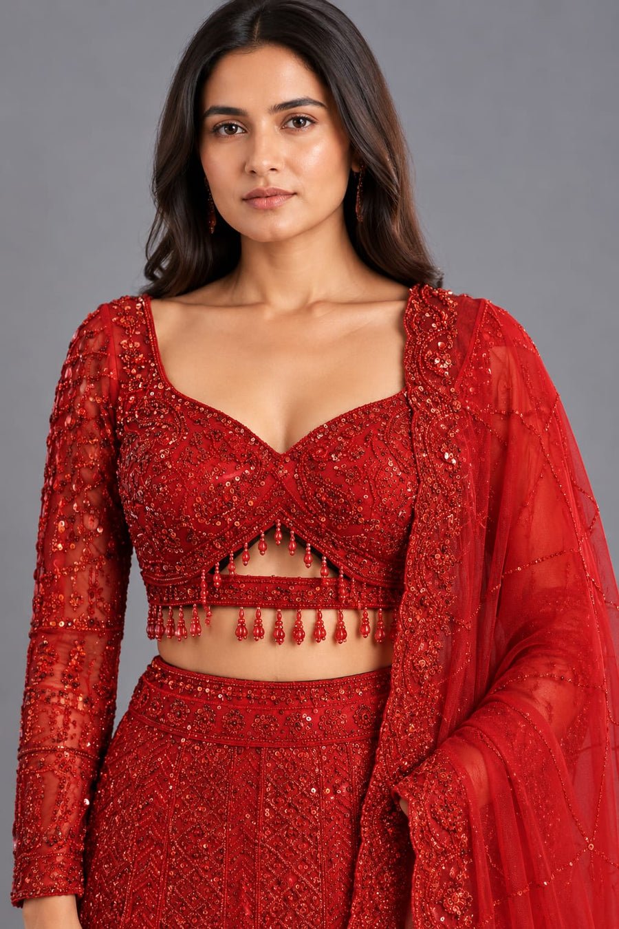 Red Designer Fishcut Lehenga with Sequin Work and Net Dupatta